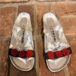 Tatami Birkenstock Women’s Silver Sandals With Red Floral Details